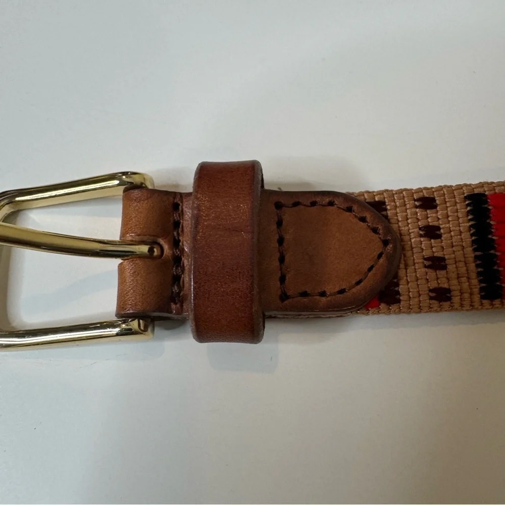 J CREW woven tapestry leather belt, Tan, Black, Red Southwestern Style size XS